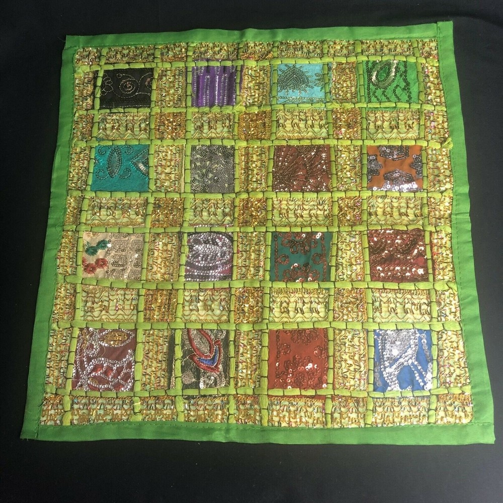 Handmade Embroidery Sequin Patchwork Pillow Cushion Cover India Boho Chic 17"